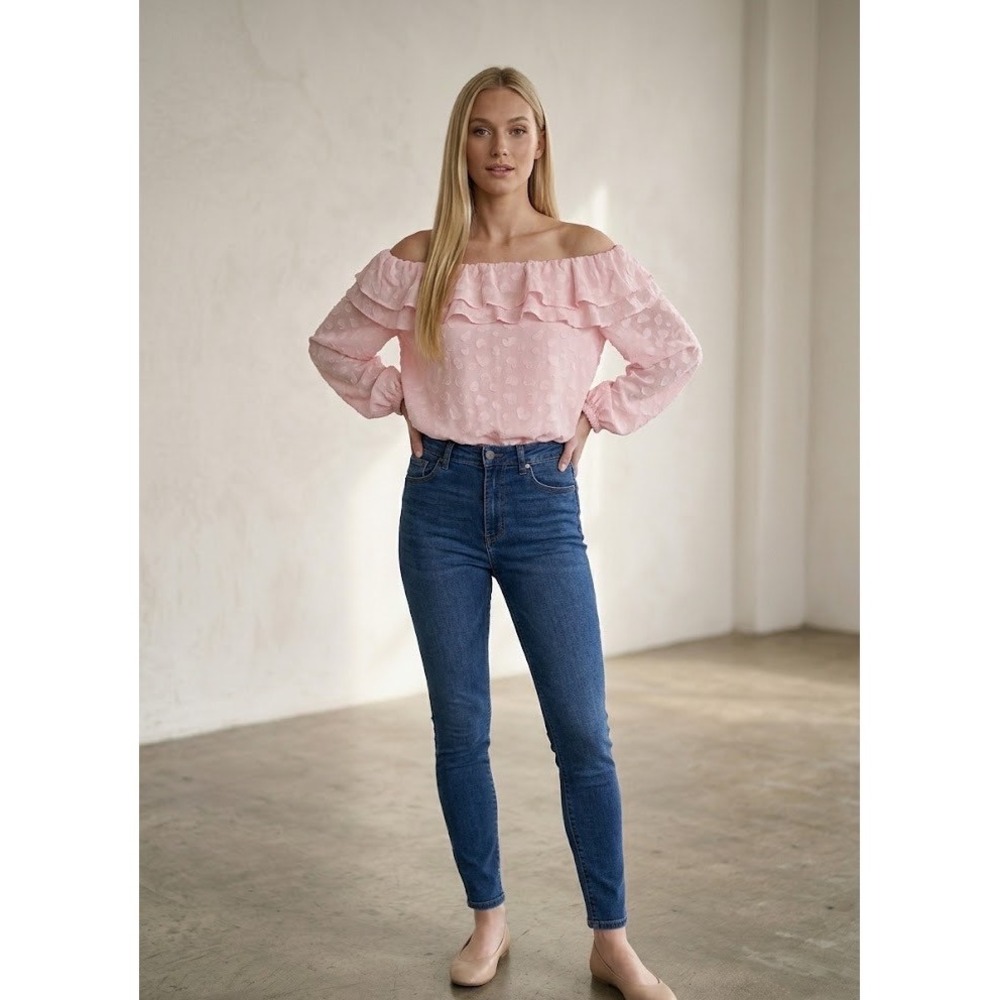 Michael Kors Pink Heart Clip Dot Off The Shoulder Ruffle Blouse